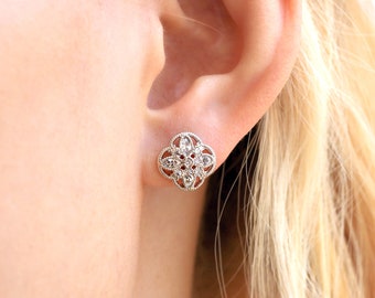 Vintage Four Leaf Stud Earrings - Milgrain Filigree Art Deco Clover Studs - Marquise Cut CZ Clover Earrings - 925 Sterling Silver