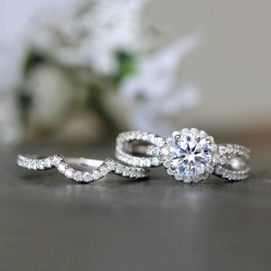 Art Deco Round Halo Bridal Set: 925 Sterling Silver Wedding Ring