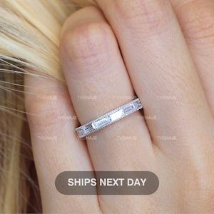Baguette Cut Eternity Ring, Baguette Full Eternity Wedding Band, Silver Milgrain Wedding Band Ring, Infinity Band Ring, 925 Sterling Silver