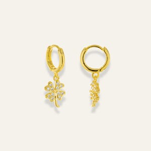 Four Leaf Clover Dangle Hoop Earrings, Gold Clover Huggie Earrings, Gold Dangle Earrings, Minimalist Gold Earrings