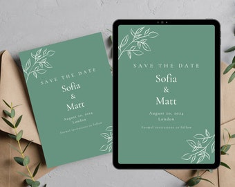 Eukalyptus Save the Date, digital bearbeitbare Vorlage