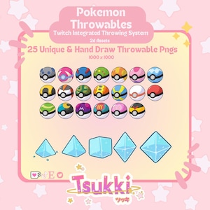 May include: A set of 25 unique and hand-drawn Pokemon throwables, each featuring a different Pokemon design. The throwables are 1000 x 1000 pixels and are perfect for use in Twitch streams. The image also includes a logo for Tsukki, a Twitch streamer.