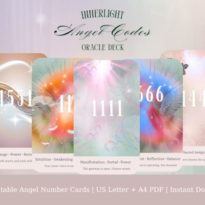 Puede incluir: Una baraja de oráculo "Innerlight Angel Codes" con cartas con fondos etéreos e imágenes de ángeles. Cada carta muestra un número grande, como 1111 o 566, con texto. La baraja incluye 45 cartas imprimibles.