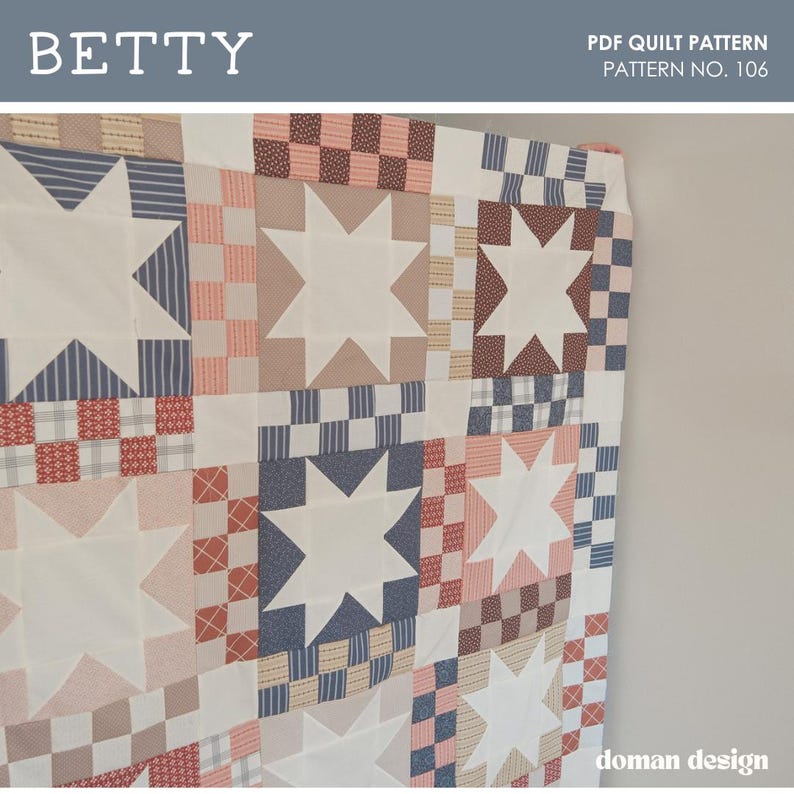 May include: A quilt featuring a repeating star block pattern in white, set against squares of blue, pink, and tan fabric with striped, checkered, and dotted textures. The top banner displays the text BETTY PDF QUILT PATTERN PATTERN NO. 106.