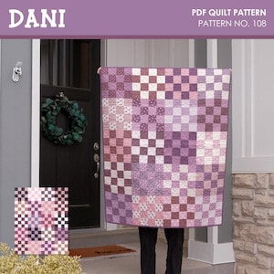 May include: A patchwork quilt in shades of purple, pink, and white, displayed outdoors. The quilt features a checkerboard pattern with varying square designs. The top left corner of the image shows the word "DANI". The text "PDF QUILT PATTERN PATTERN NO. 108" is also visible.