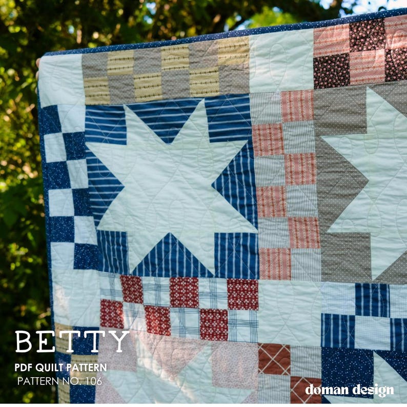 May include: A patchwork quilt featuring a repeating star motif and checkered blocks in shades of blue, white, red, and tan. The fabric displays various patterns including stripes and small floral prints. Text reads: BETTY PDF QUILT PATTERN PATTERN NO. 106.