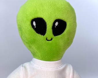 Handmade Green Alien Plush Toy with Embroidered Face and &#39;Aliens Rule&#39; Shirt