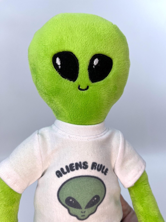 Handmade Green Alien Plush Toy With Embroidered Face and 'aliens