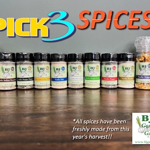 Spices and Herbs Set Pick 3 of our Fresh Garlic Combos 3.5 oz Shakers and Bottles with Grinder Tops