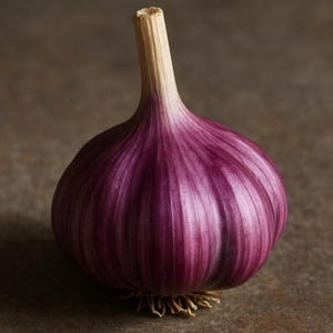 May include: A single bulb of purple garlic with a beige stem and root. The bulb has a round shape with vertical ridges. The background is a muted brown color.