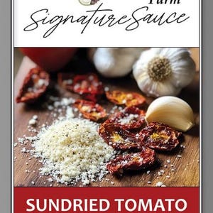 May include: A product label for BJ Gourmet Garlic Farm Signature Sauce. The image features sundried tomatoes, Parmesan garlic, and extra virgin olive oil. The label indicates a 375ml (12.68 fl oz) volume.