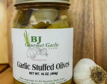 Garlic Stuffed Olives 16 ounce Jar BJ Gourmet Garlic Farm