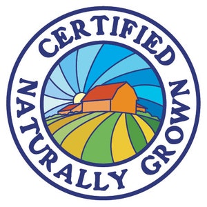 May include: A circular logo with the words "CERTIFIED NATURALLY GROWN" in a blue ring. The center features a farm scene with a red barn, green fields, and a blue sky with a sun.