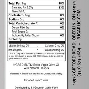 May include: A product label with nutrition facts for extra virgin olive oil. The label includes serving size, calories, and percentages of daily values for fats, cholesterol, sodium, and carbohydrates. The ingredients are listed as extra virgin olive oil with natural flavors.