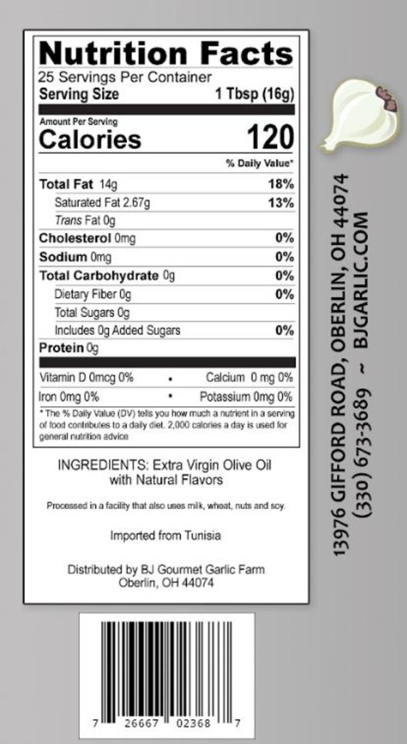 May include: A product label with nutrition facts for extra virgin olive oil. The label includes serving size, calories, and percentages of daily values for fats, cholesterol, sodium, and carbohydrates. The ingredients are listed as extra virgin olive oil with natural flavors.