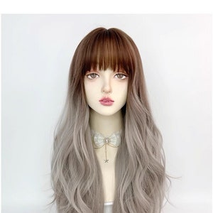 Ombre copper root Ash sliver wavy long wig with Barbie bang wig|  goth wig |anime cosplay wig| Cosplay wig| Party wigs| comic con wig