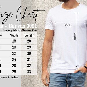 Pode incluir: Tabela de tamanhos para a camiseta de manga curta de jersey unissex Bella + Canvas 3001. A tabela mostra a largura e o comprimento em polegadas para os tamanhos S, M, L, XL, 2XL e 3XL.