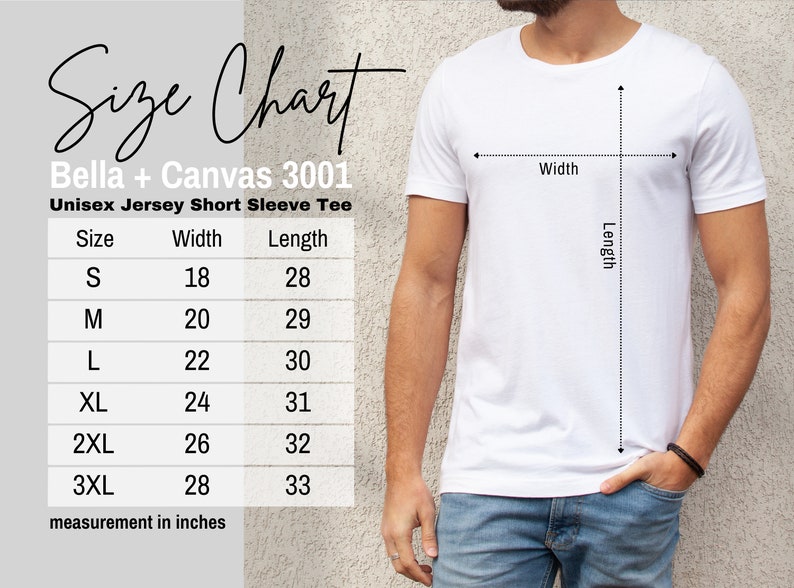 Pode incluir: Tabela de tamanhos para a camiseta de manga curta de jersey unissex Bella + Canvas 3001. A tabela mostra a largura e o comprimento em polegadas para os tamanhos S, M, L, XL, 2XL e 3XL.