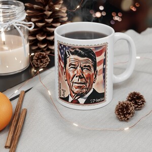 CoffeeMug with image of Ronald Reagan with the words The Most Terrifying words are - I'm from the government and I'm here to help