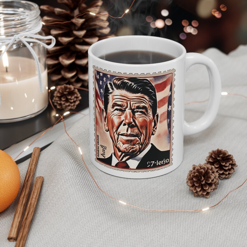 CoffeeMug with image of Ronald Reagan with the words The Most Terrifying words are - I'm from the government and I'm here to help