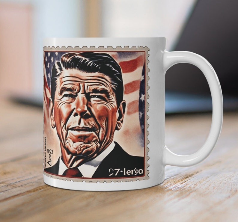CoffeeMug with image of Ronald Reagan with the words The Most Terrifying words are - I'm from the government and I'm here to help