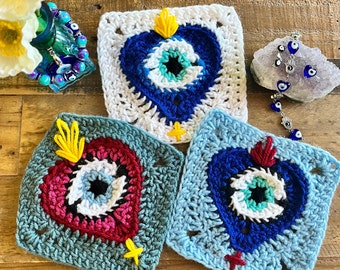 Nazar Heart/Evil Eye Amulet Granny Square Crochet Pattern - PDF Instructions