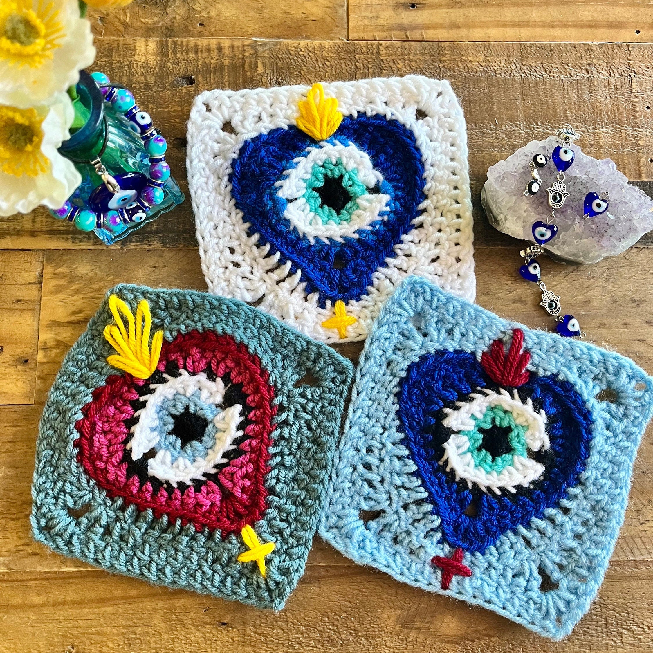 Sunday State Evil Eye Crochet Bandana and Hair Clip Set Blue White 3pc Bundle Crochet Granny Square Pattern Bundle: Daisy, Sunflower, Evil  main image 3