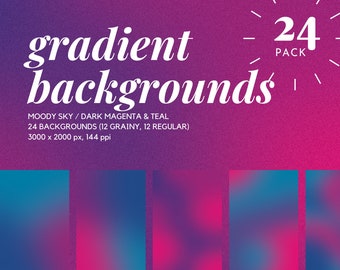 May include: A pack of 24 gradient backgrounds in moody sky, dark magenta and teal colors. The pack includes 12 grainy and 12 regular backgrounds. Each background is 3000 x 2000 pixels and 144 ppi.
