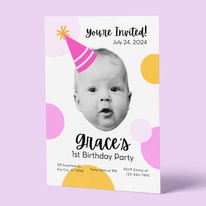 Convite para festa de 1º aniversário de bebê - Foto de rosto personalizada - Arquivo digital - Design de cartão de convite para o primeiro aniversário de uma menina