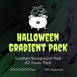 Puede incluir: Un fondo marmoleado verde y negro con una ilustración de caldero blanco. El caldero tiene vapor saliendo de él y el número 21 en su interior. El texto "HALLOWEEN GRADIENT PACK" está en verde. Debajo del texto está "Gradient Background Pack 42 Assets Total 3000X2000px 144 resolution."