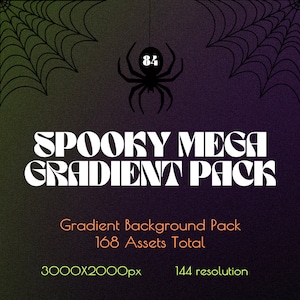 Puede incluir: Un paquete de degradados espeluznante con 168 activos en total. La imagen presenta una araña negra con el número 84 en su espalda, colgando de una telaraña. El texto "SPOOKY MEGA GRADIENT PACK" está en blanco, con un fondo verde y morado.