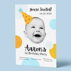 Baby Face 1st Birthday Party Invite - Niestandardowe zdjęcie twarzy - Plik cyfrowy - Projekt zaproszenia na pierwsze urodziny chłopca