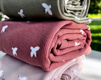 Tissu en coton gaufré tricoté, tissu doux au mètre, motif d'oiseau, joli bébé, abstrait mignon