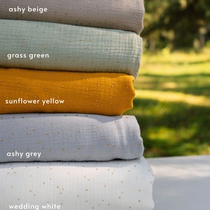 Double Gauze Muslin 100% Cotton Baby Crinkly Plain Lightweight Fabric Musselin Stoff Gold Foil Dot by meter yard Ashy Grey