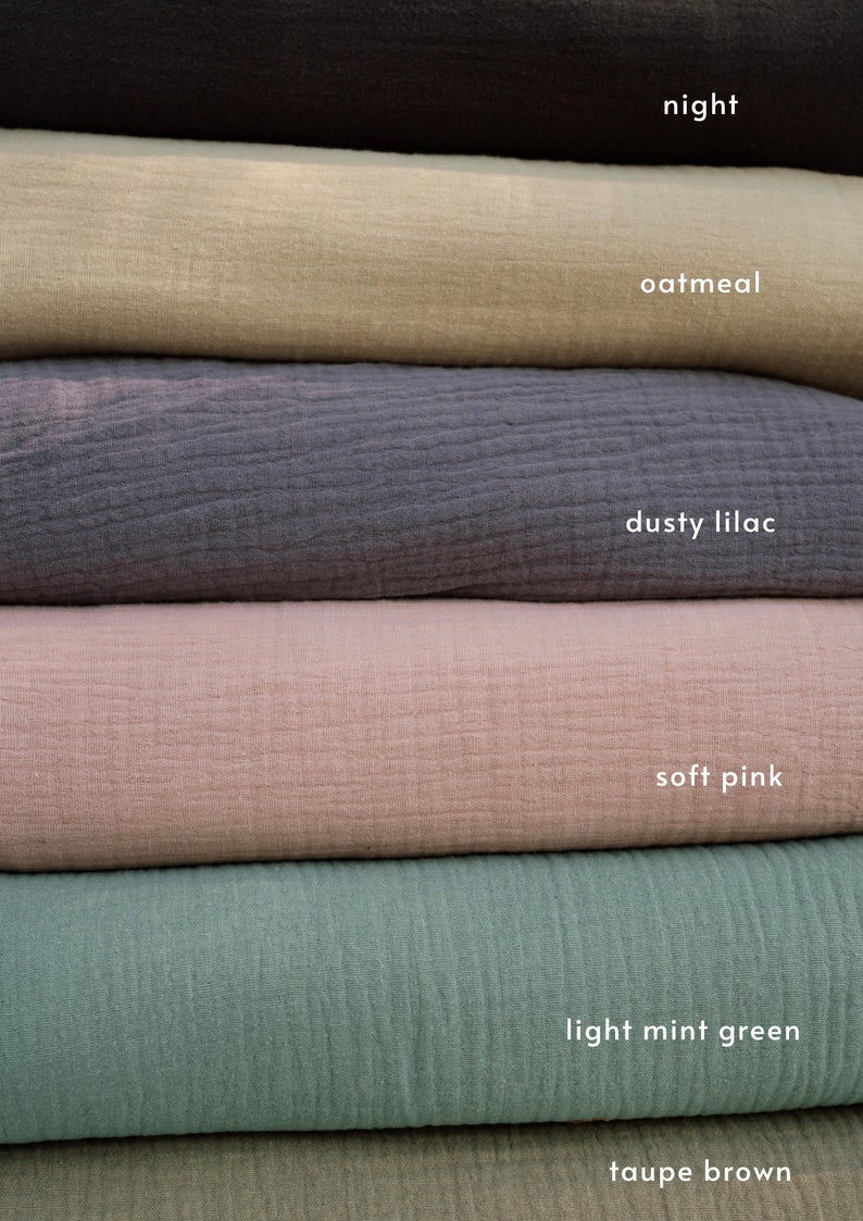 Double Gauze Muslin 100% Cotton Baby Crinkly Plain Lightweight Fabric Musselin Stoff pastel neutre couleurs terreuses par mètre cour image 1
