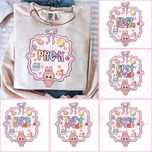 Pacote Labubu de volta às aulas PNG SVG, design de camiseta para o primeiro dia de aula do professor, sublimação xadrez feminina, pré-escola 1ª, 2ª e 3ª séries, todas as séries