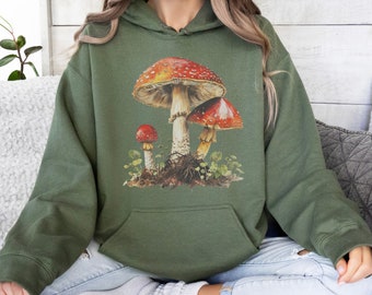 Retro Mushroom Hoodie - Amarita Muscaria Hoodie - Cottagecore Hoodie Gift - Gildan 18500 - Fairycore Forestcore Gift