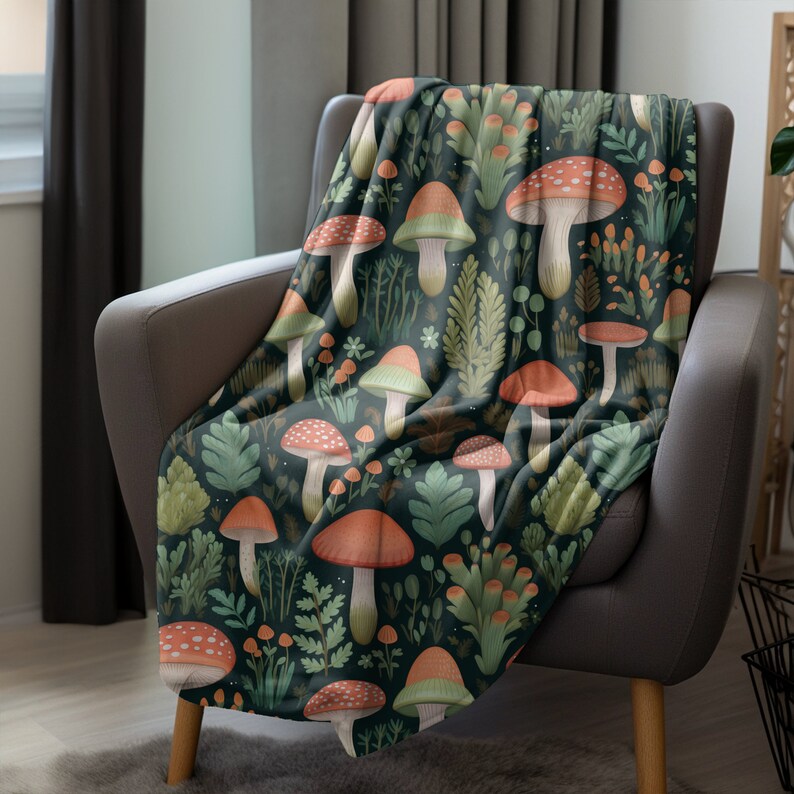 Botanical Mushrooms Blanket Cottagecore Mushroom Blanket Forestcore