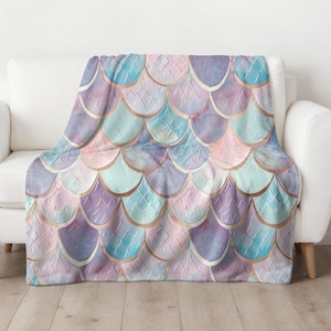 Mermaid Scale Blanket - Purple Blue Blanket - Cozy Velveteen Throw - Mermaid Gift - Pastel Scale Blanket