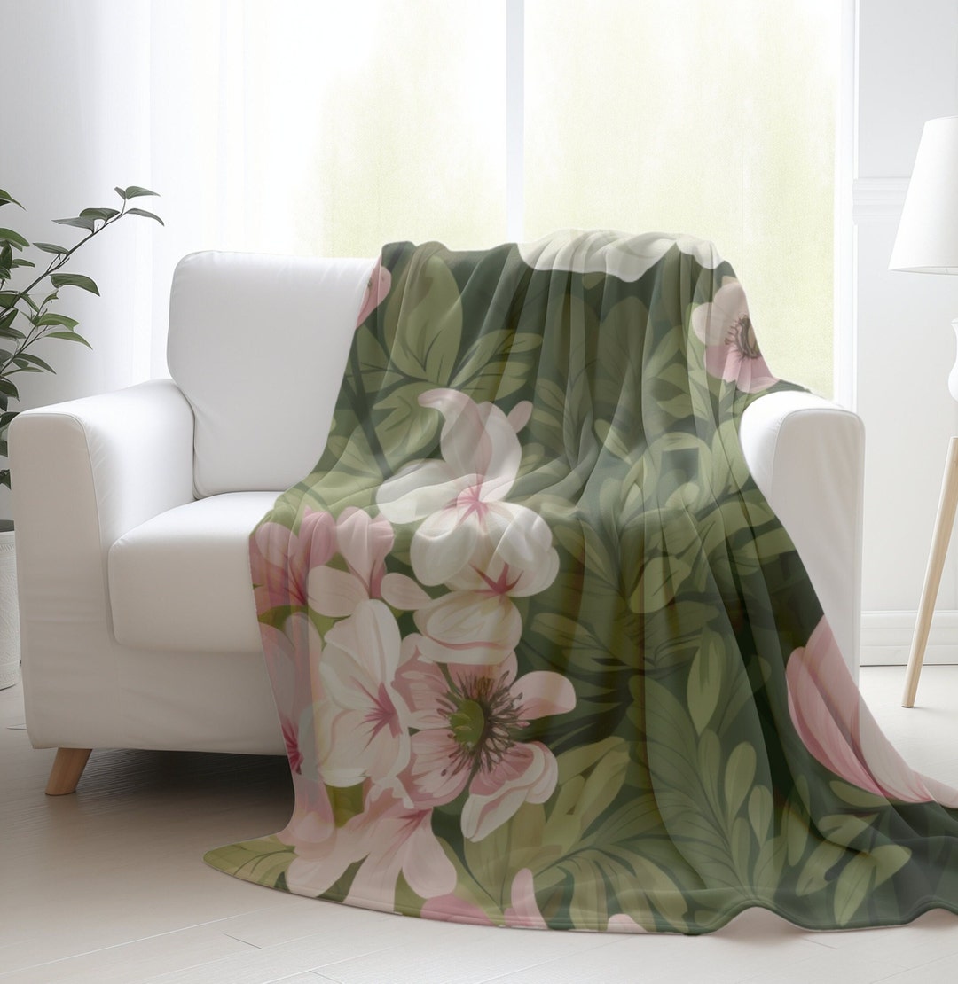 Floral Blanket Dark Green Blanket Cozy Velveteen Throw Cottagecore Blanket Gift Grandma Gift Etsy