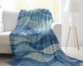 Wave Blanket - Blue Beach Blanket - Cozy Velveteen Throw - Ocean Blanket Gift