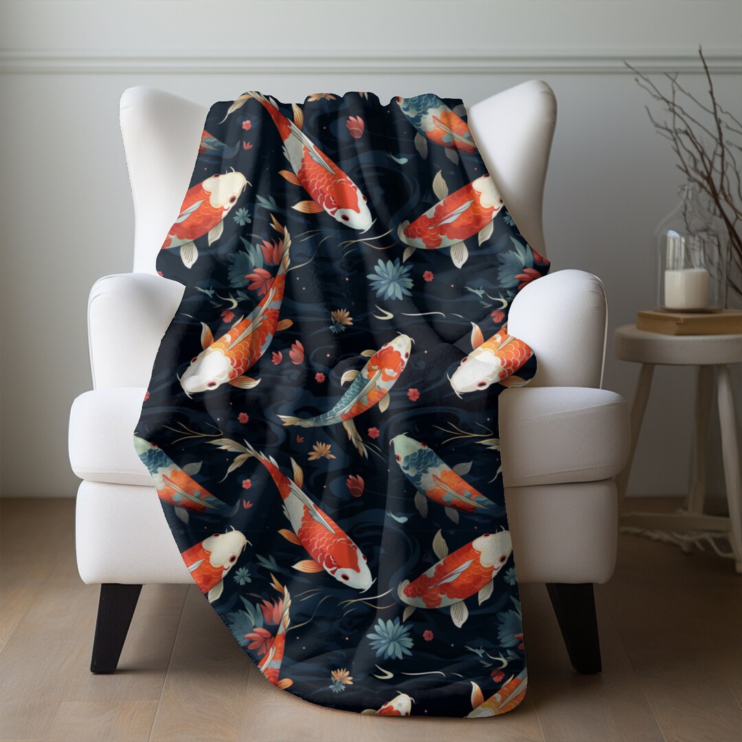 Asian Koi Fish Blanket Soft Koi Blanket Cozy Velveteen Throw Gift for Anime Lover Japanese