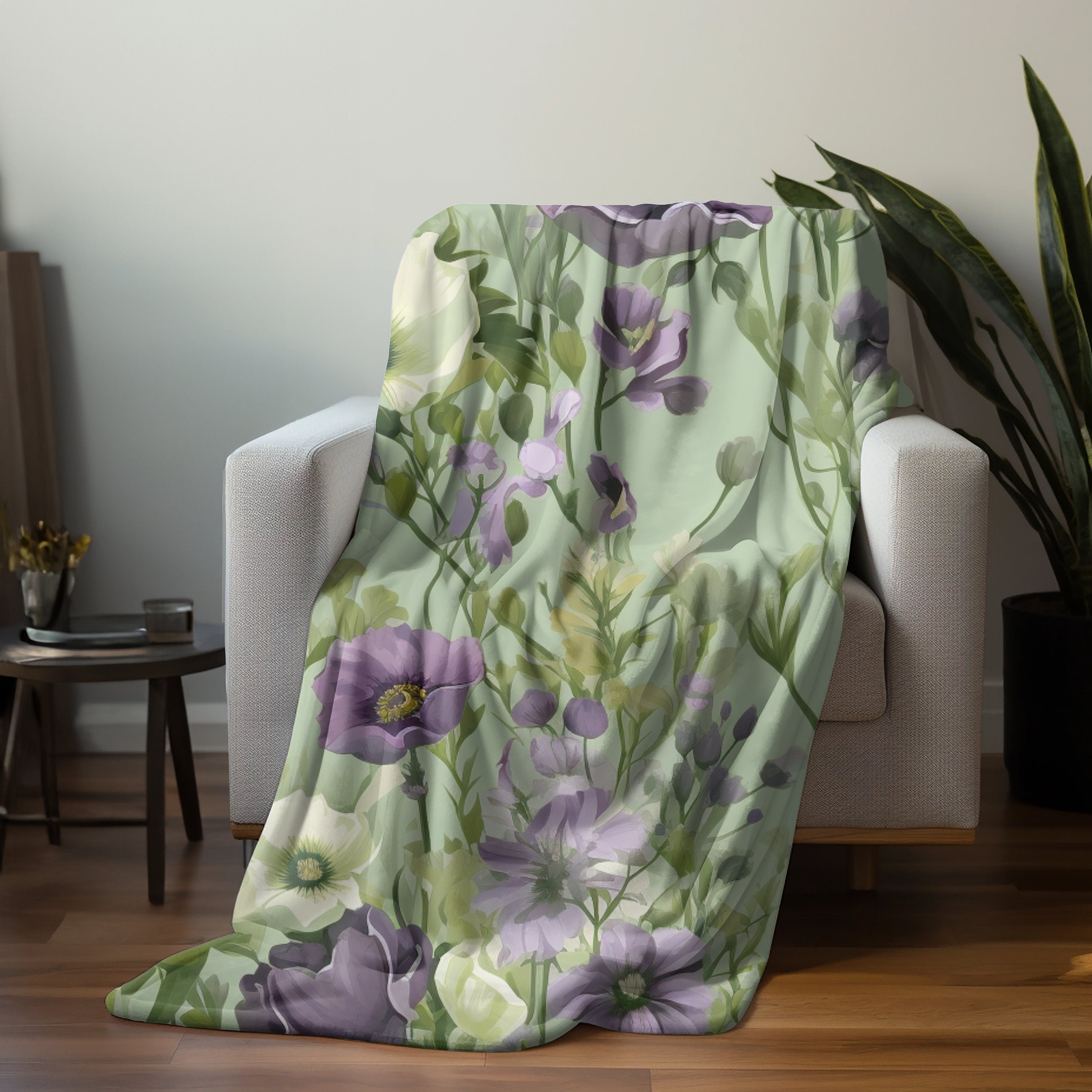 Purple Floral Blanket Green Colored Blanket Cozy Velveteen Throw Cottagecore Decor Fairycore Gift Etsy