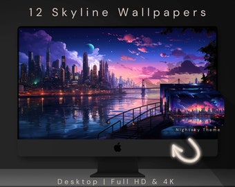 12 desktop wallpapers skyline theme digital backgrounds anime dark nightsky vtuber twitch overlay for desktop and tablet drawing art cozy pc