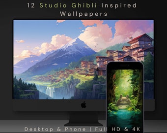 Studio Ghibli Inspired Wallpapers For Desktop And iPhone, 12 Cute Digital Backgrounds Bundle, Kawaii Landscapes Overlays, Twitch Stream OBS