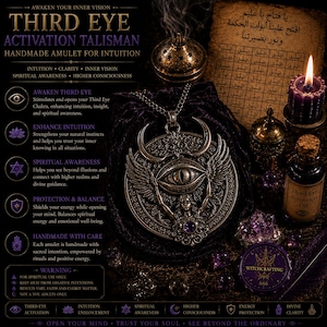 May include: A silver-toned circular pendant featuring a central eye motif with wings and a crescent moon, suspended on a chain. The pendant includes a small purple gemstone. Surrounding items include a purple candle, oil bottle, and crystals.