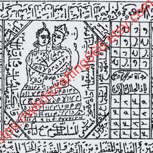 May include: A black and white line drawing featuring two figures with heads and torsos intertwined, enclosed within a rectangular border. The image contains extensive Arabic script and two grid-based charts filled with numerical symbols.