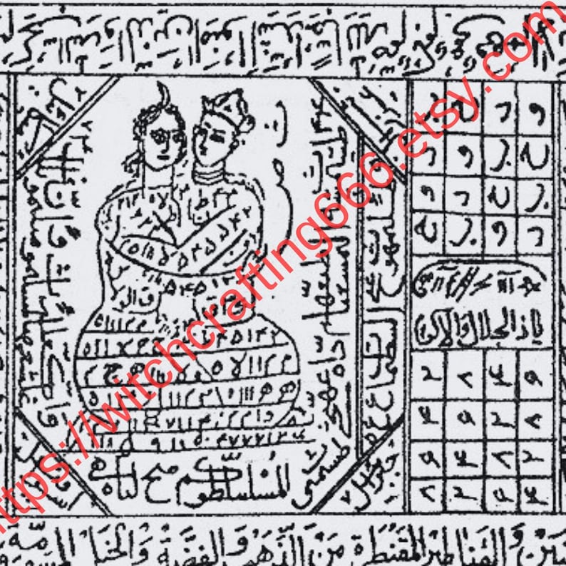 May include: A black and white line drawing featuring two figures with heads and torsos intertwined, enclosed within a rectangular border. The image contains extensive Arabic script and two grid-based charts filled with numerical symbols.