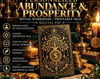 Puede incluir: Un libro de trabajo ritual en PDF digital titulado Personalized Abundance & Prosperity con una tarjeta negra con una ilustración de un árbol dorado y un signo de dólar, rodeado de monedas de oro, velas y una lista de características.