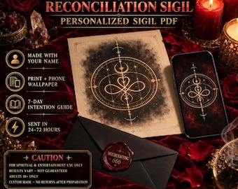May include: A digital product listing for a Love Reconciliation Sigil featuring a printed paper with a gold geometric sigil design, a smartphone displaying the same sigil, and a black envelope sealed with red wax, all on a dark red velvet background.